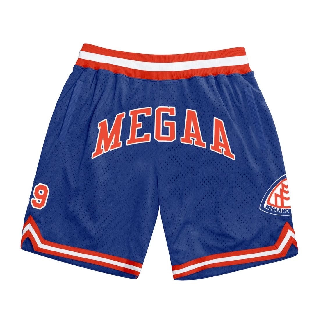 A pair of blue basketball shorts with orange and white trim, featuring the 'MEGAA' logo on the left side and the number '19' on the right side.