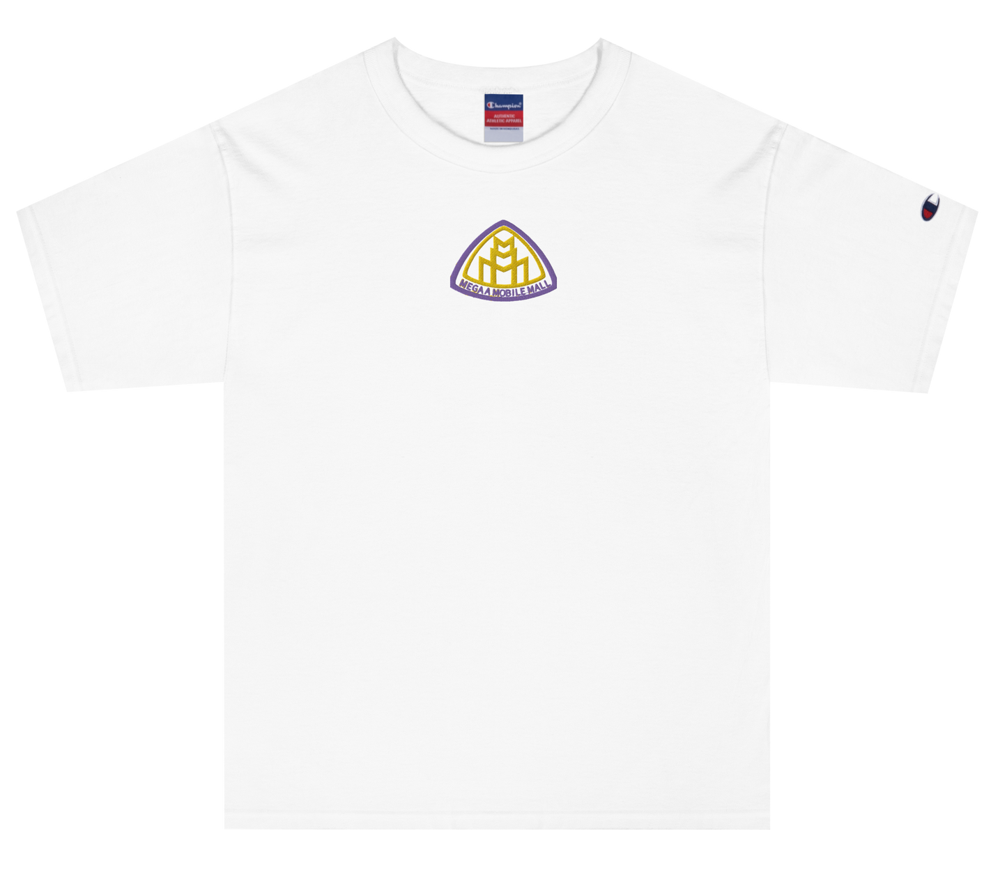 megaamobilemall logo embroidery in black on white shirt. yellow & gold stitching. champion brand shirt