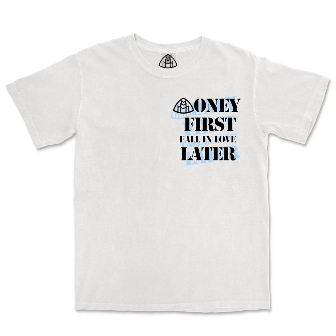 Money First Fall In Love Later White Tee Black/Powder Blue Front