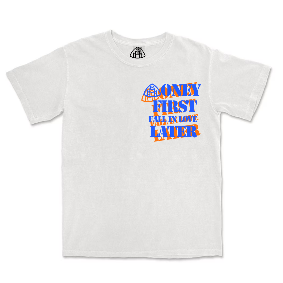 Money First Fall In Love Later White Tee Blue/Orange Front