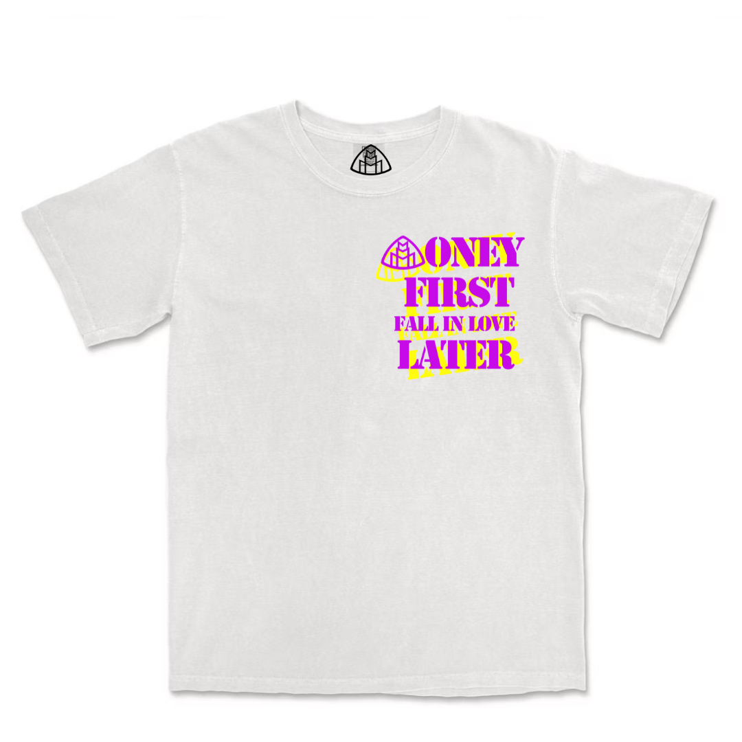 Money First Fall In Love Later White Tee Purple/Yellow Front