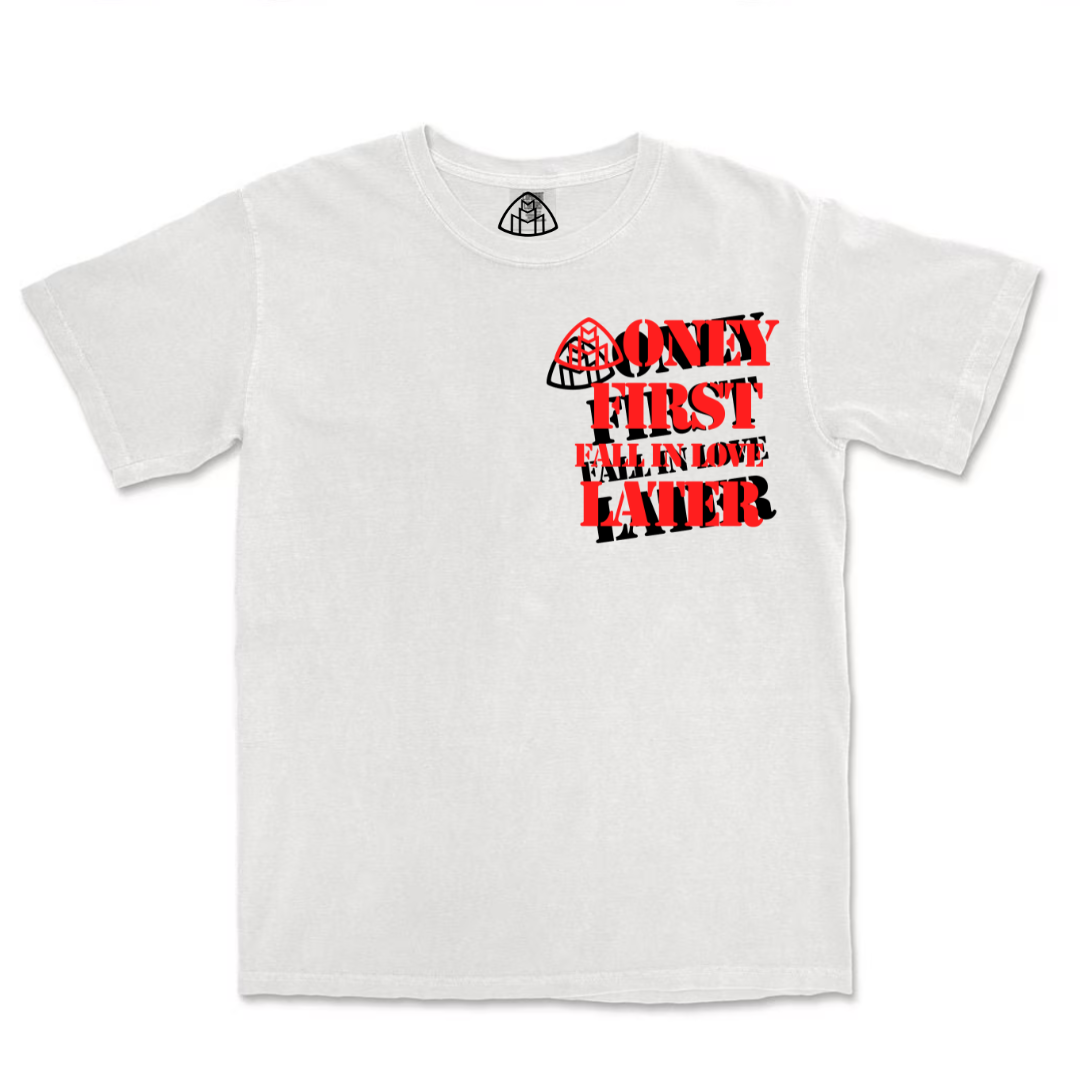 Money First Fall In Love Later White Tee Red/Black Front