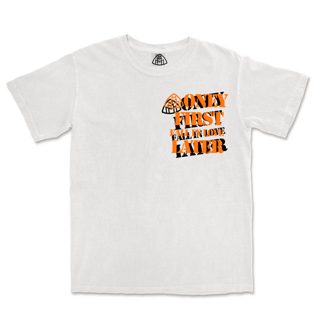 Money First Fall In Love Later White Tee Orange/Black Front