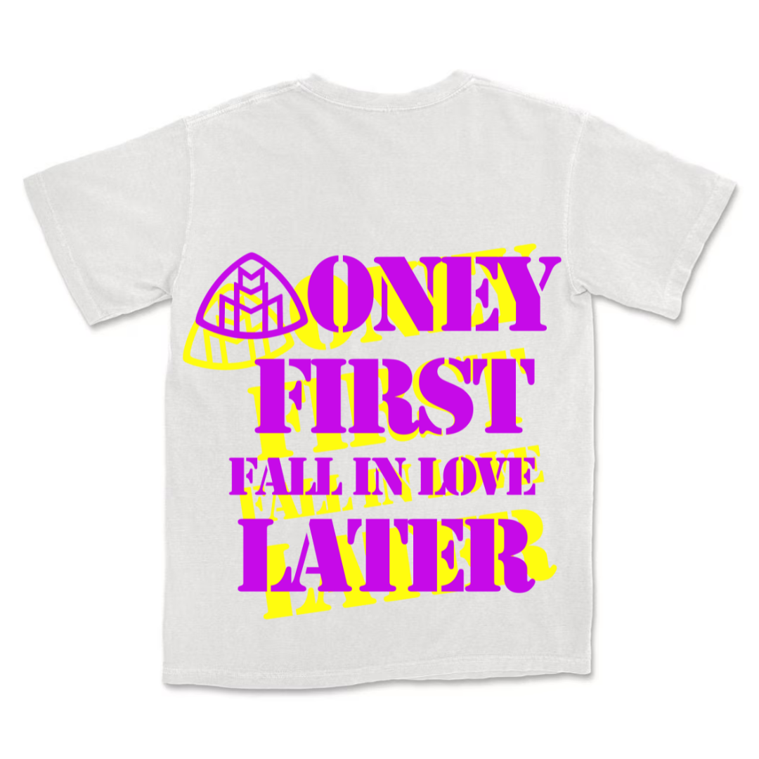 Money First Fall In Love Later White Tee Purple/Yellow Back