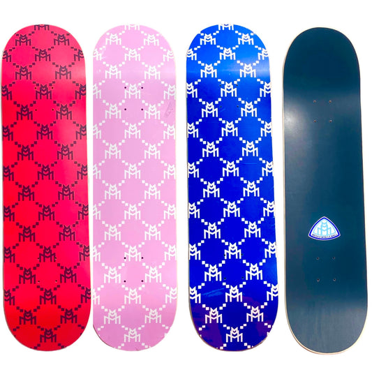Triple M Monogram Skateboard front view 3 color options all black is the front of the deck 
