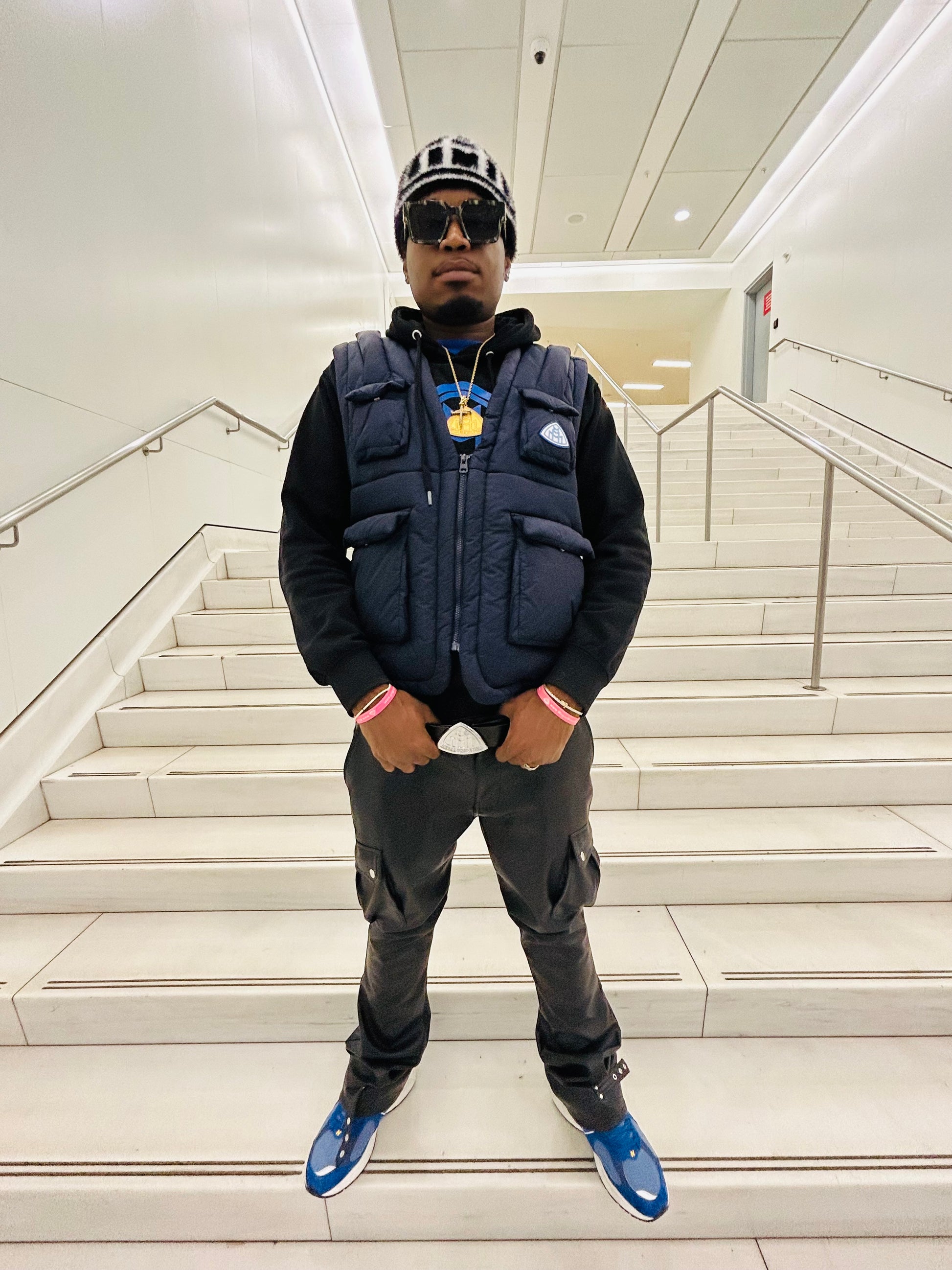 Navy Puffer Vest being modeled in nyc