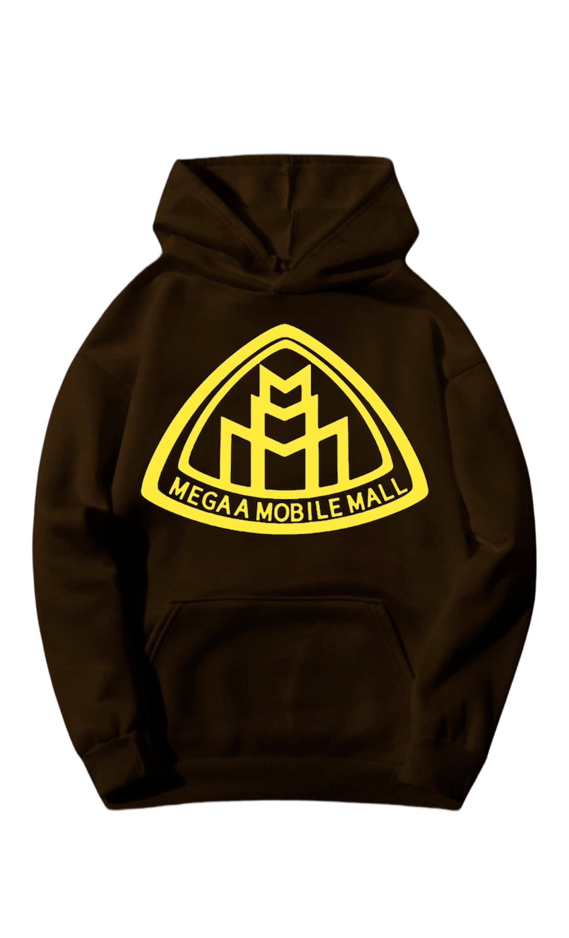 brown megaamobilemall logo Heavy Blend Fleece Hoodie with yellow logo