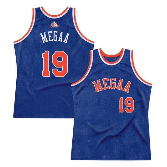 A blue basketball jersey with the name 'MEGAA' and the number '19' displayed prominently on the back. A second, front view of the jersey is also shown, confirming the design and fit.