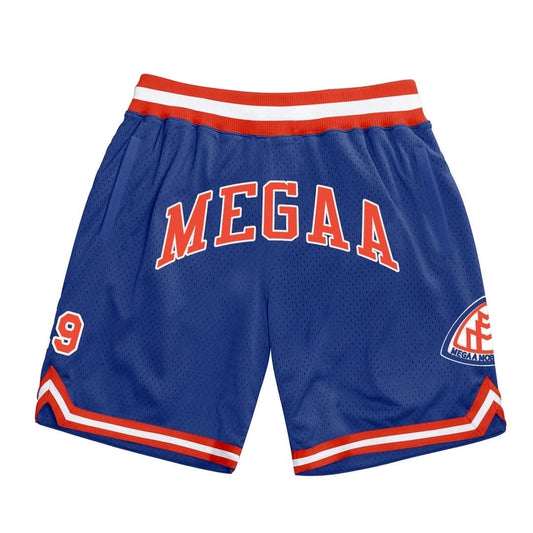 A pair of blue basketball shorts with orange and white trim, featuring the 'MEGAA' logo on the left side and the number '19' on the right side.