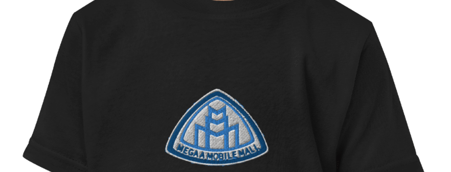 megaamobilemall logo embroidery in black on black shirt