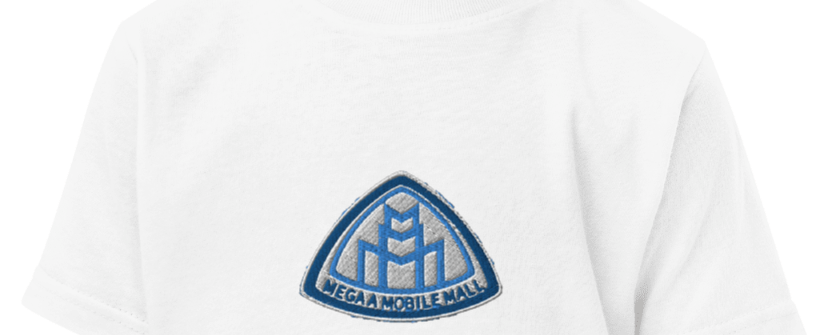 megaamobilemall logo embroidery in black on white shirt