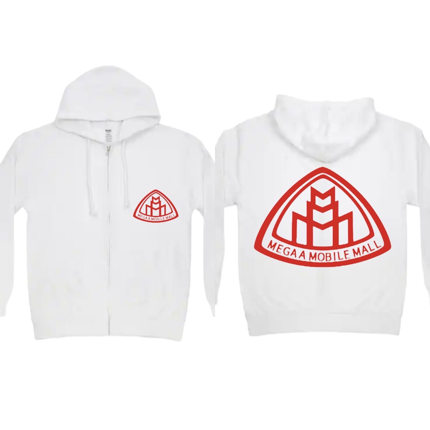 megaamobilemall white zip up hoodie with red logo