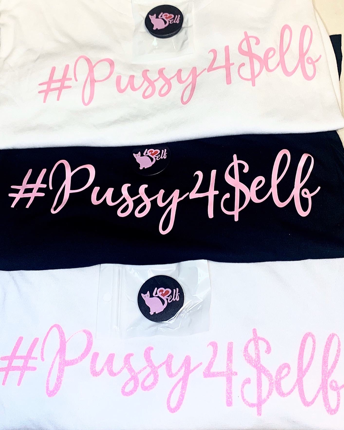  #pussy4self crop top tee white, black with pink imprint