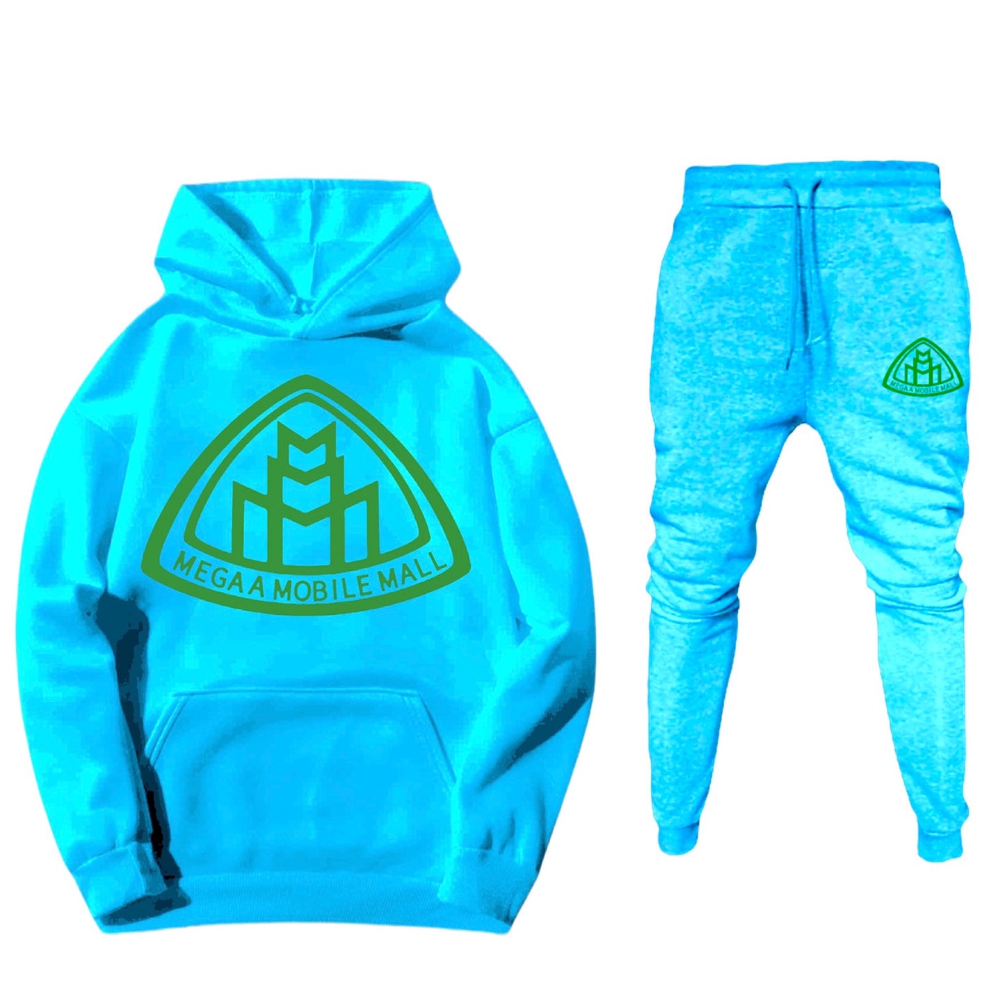 sky blue MEGAAMOBILEMALL LOGO Heavy Blend Fleece Hooded SweatSuits green logo