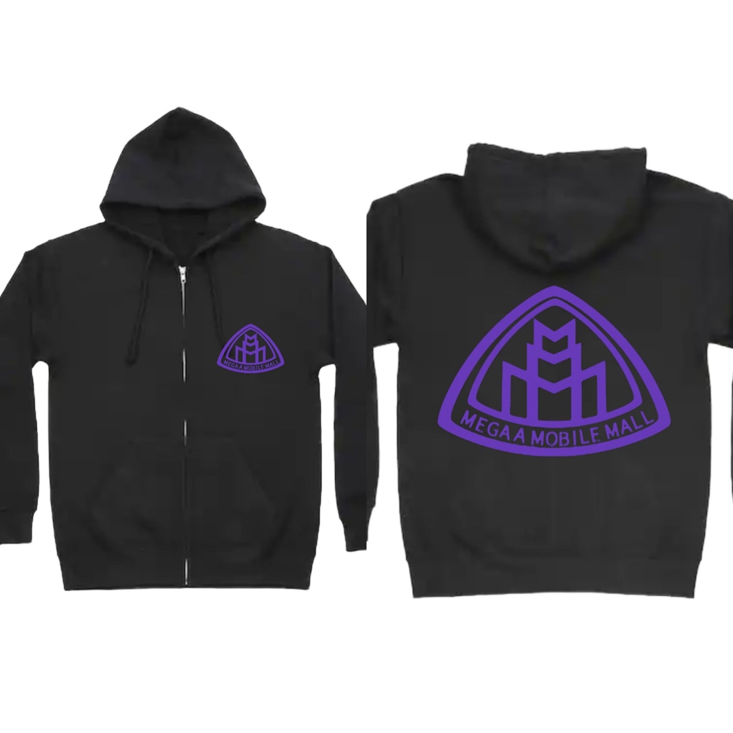 megaamobilemall black zip up hoodie with purple logo color