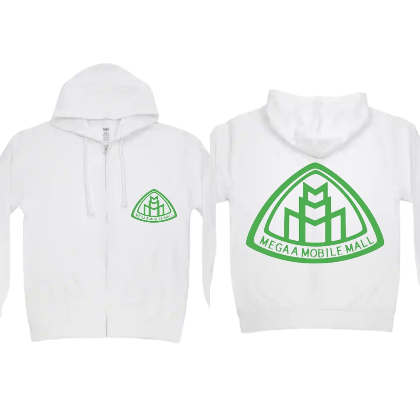 megaamobilemall white zip up hoodie with green logo