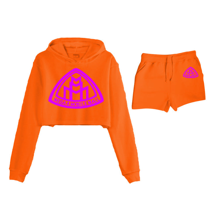 Neon Orange Crop Top Short Logo Set