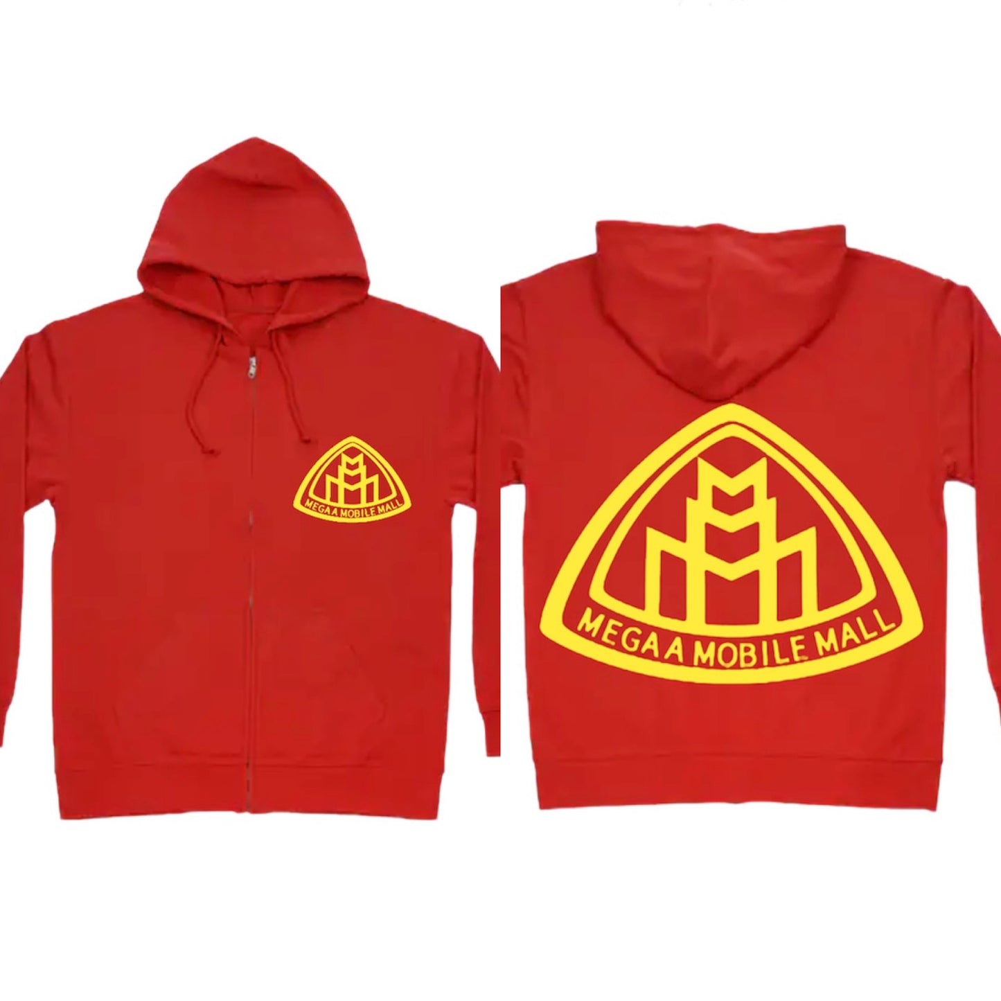megaamobilemall red zip up hoodie with yellow logo