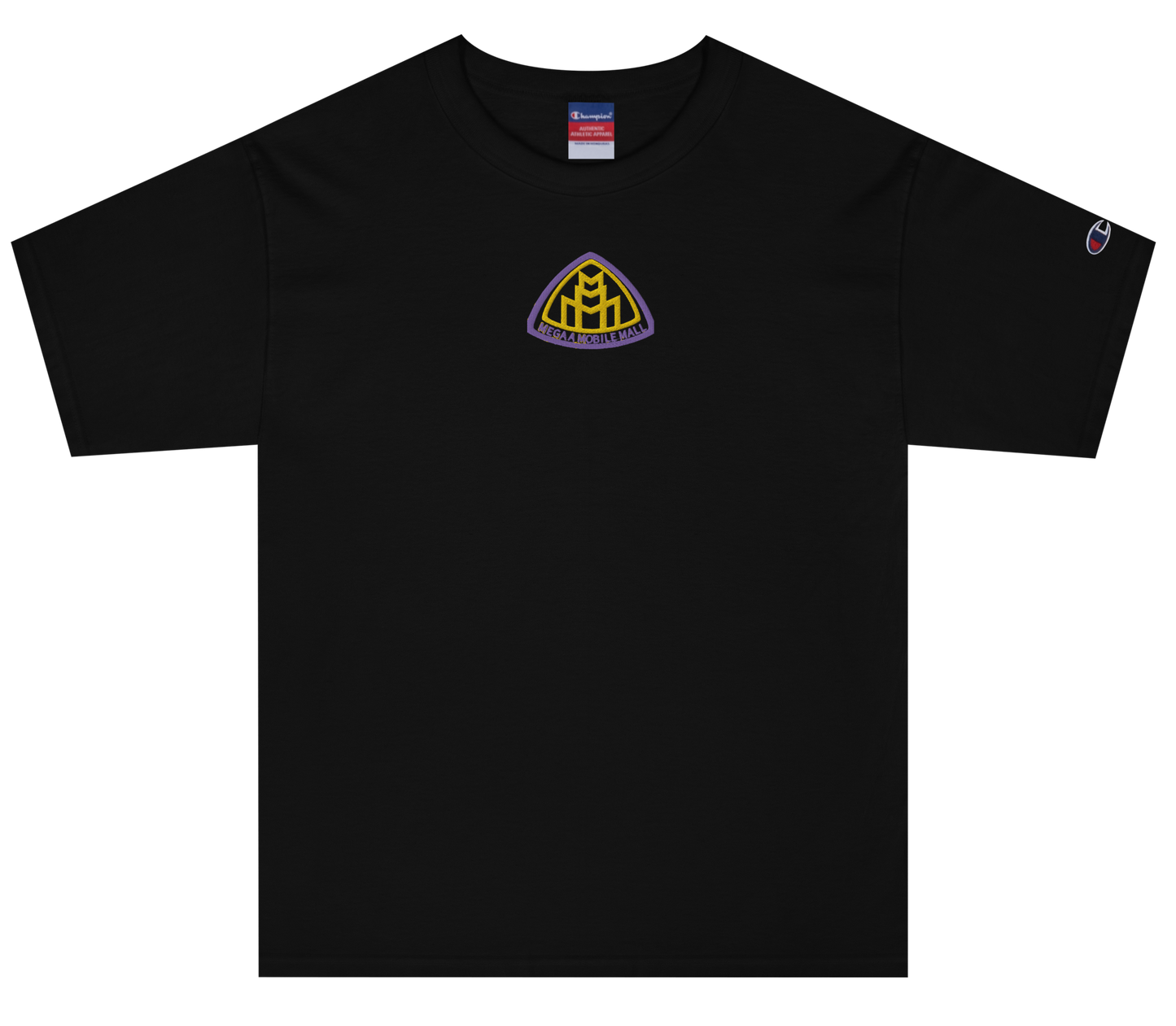 megaamobilemall logo embroidery in black on black shirt. yellow & gold stitching champion brand shirt