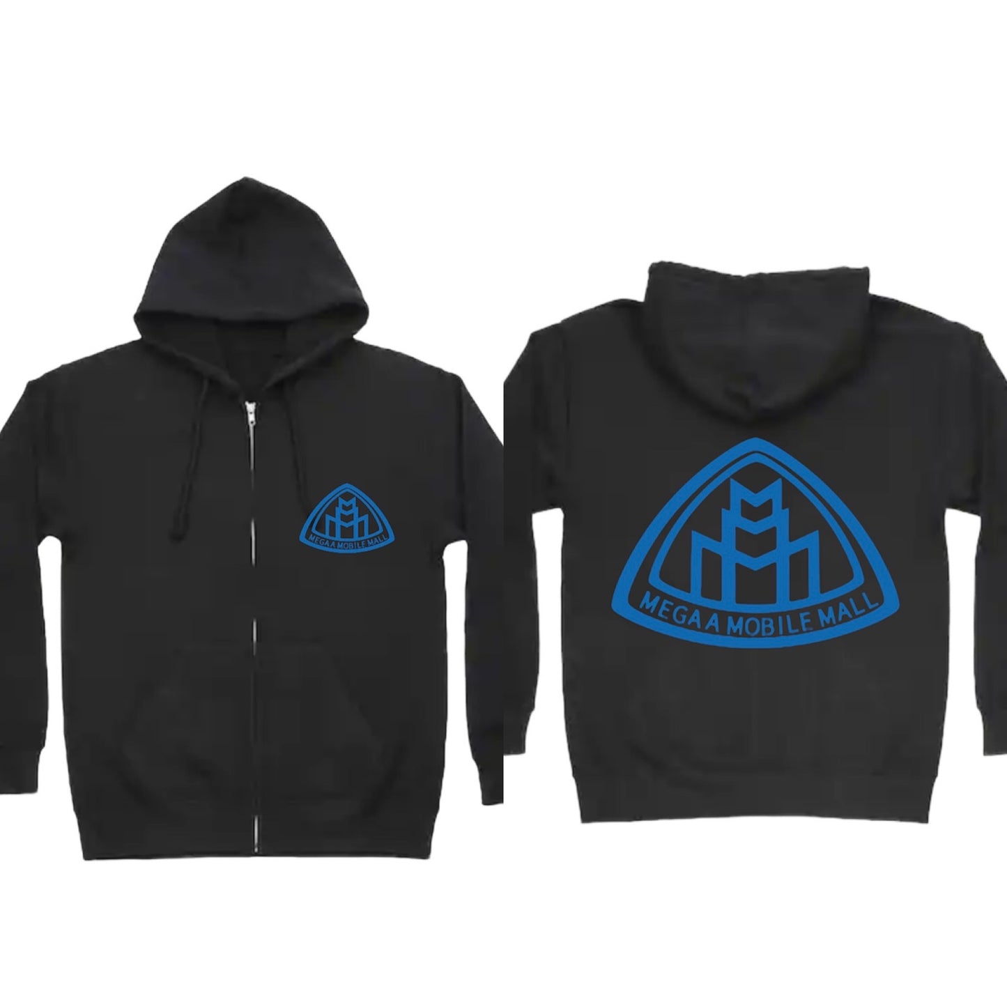 megaamobilemall black zip up hoodie with blue logo color
