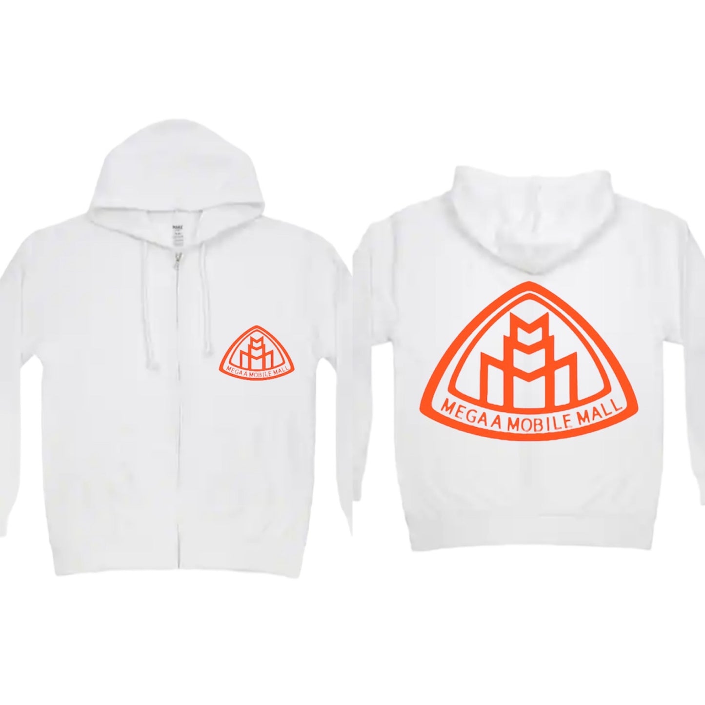 megaamobilemall white zip up hoodie with orange logo