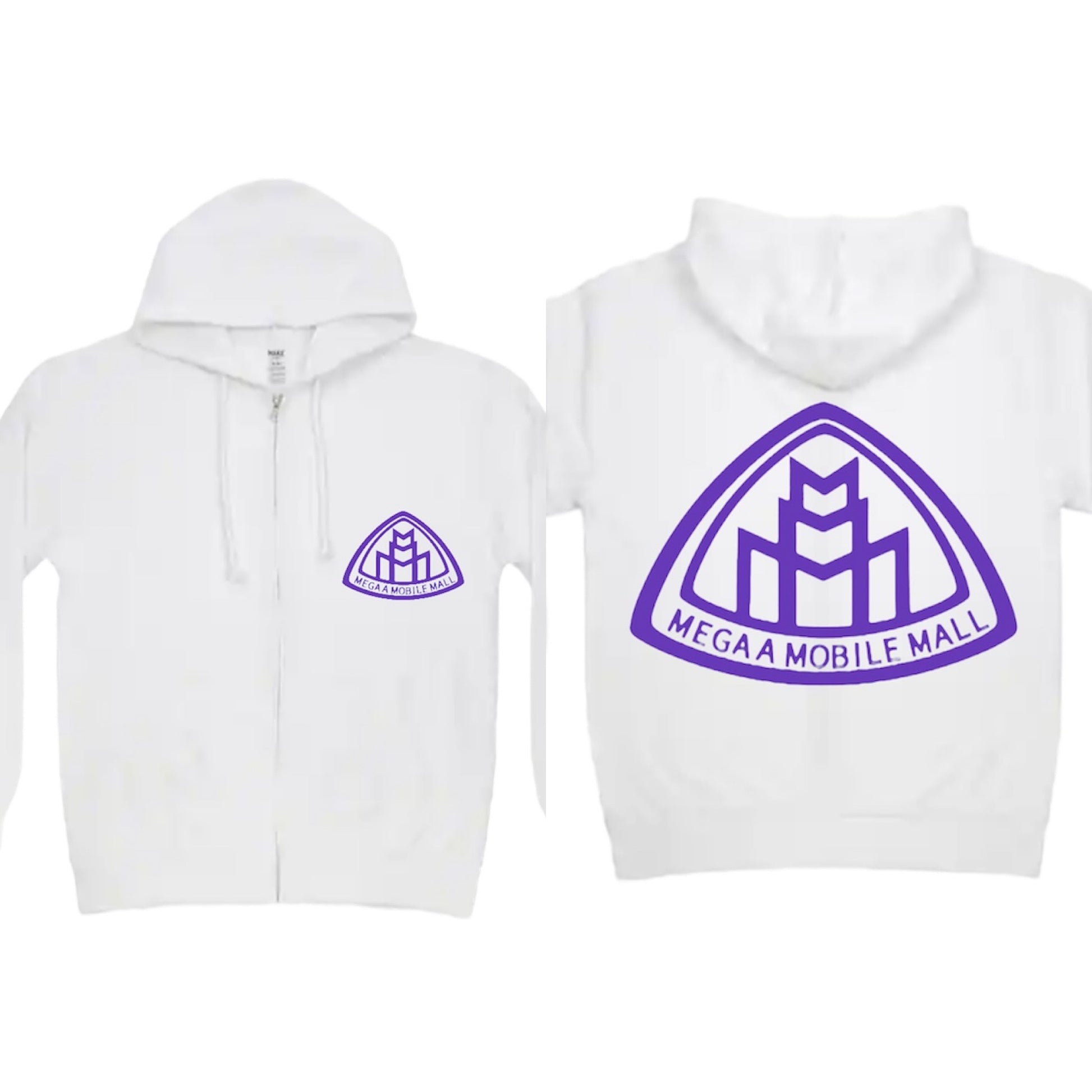 megaamobilemall white zip up hoodie with purple logo