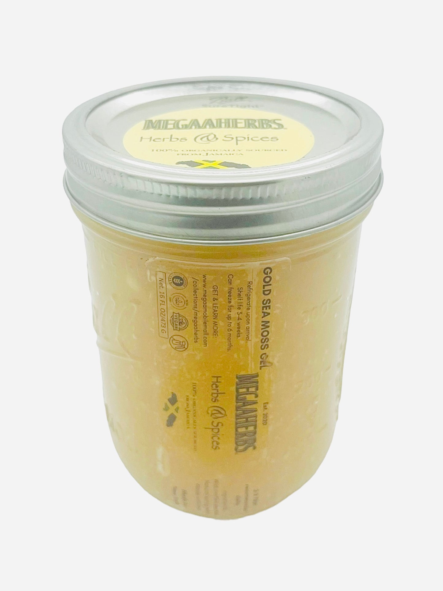 megaaherbs sea moss gel in 16 fl oz mason jars with labels on the jar side & lid
