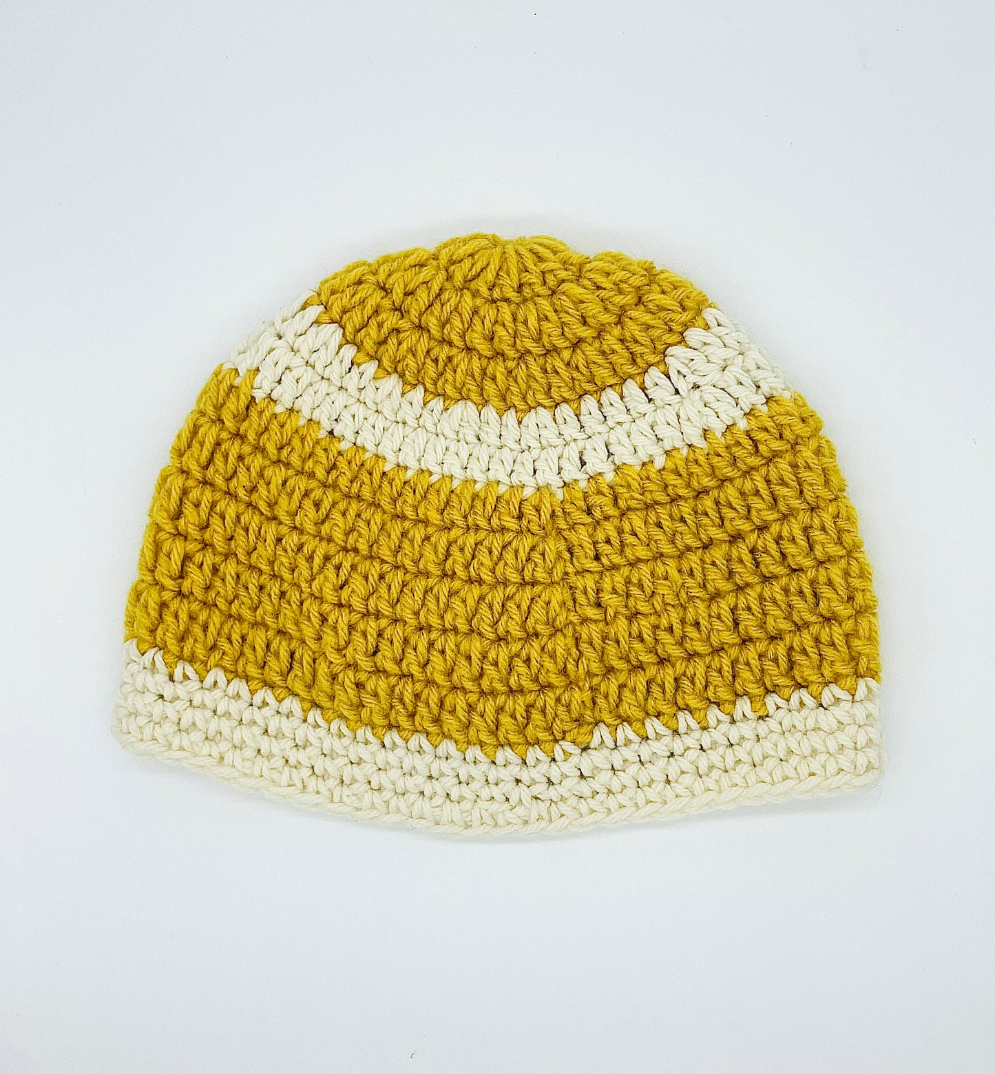 gold/white crochet beanies