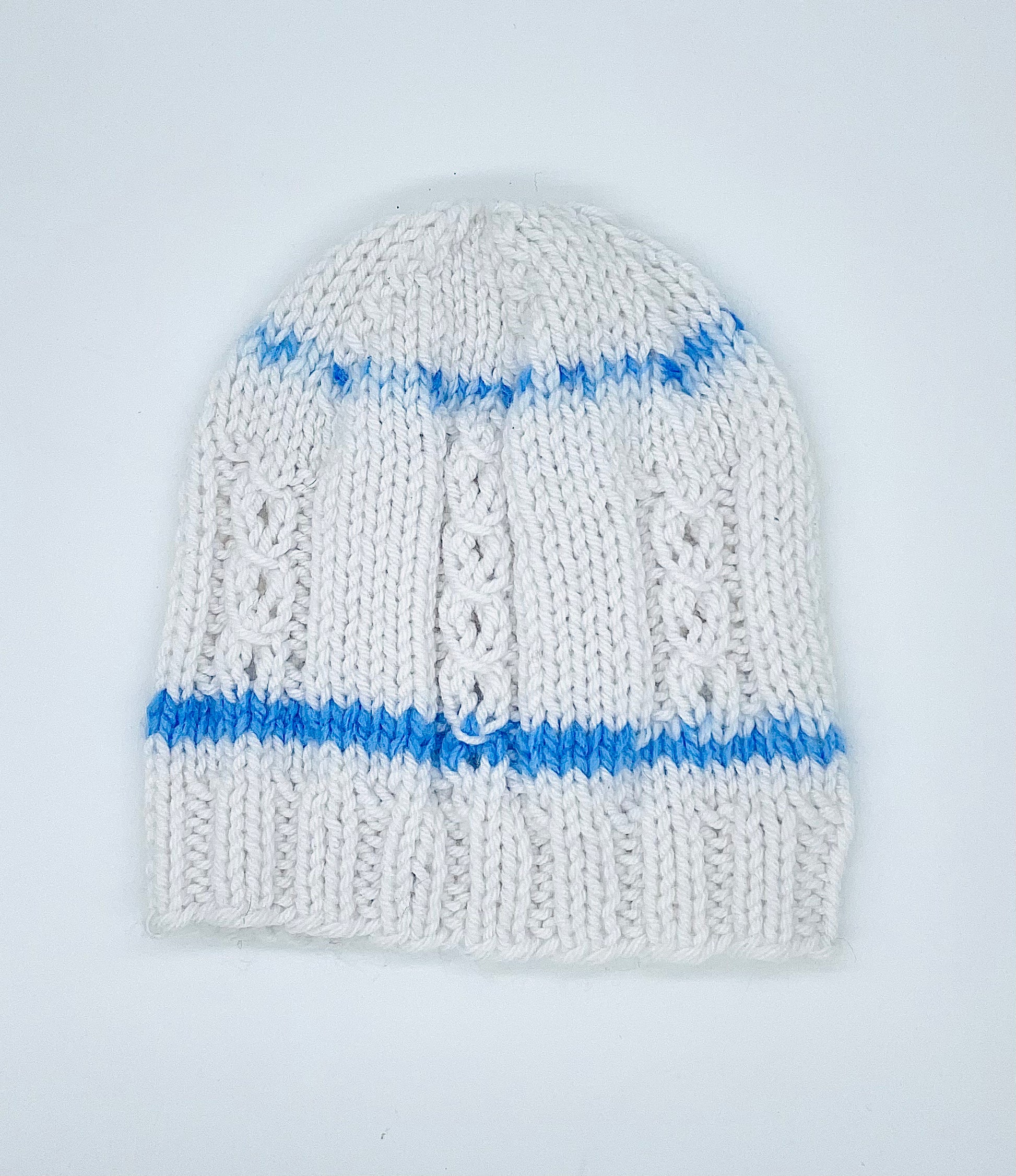white/blue crochet beanies
