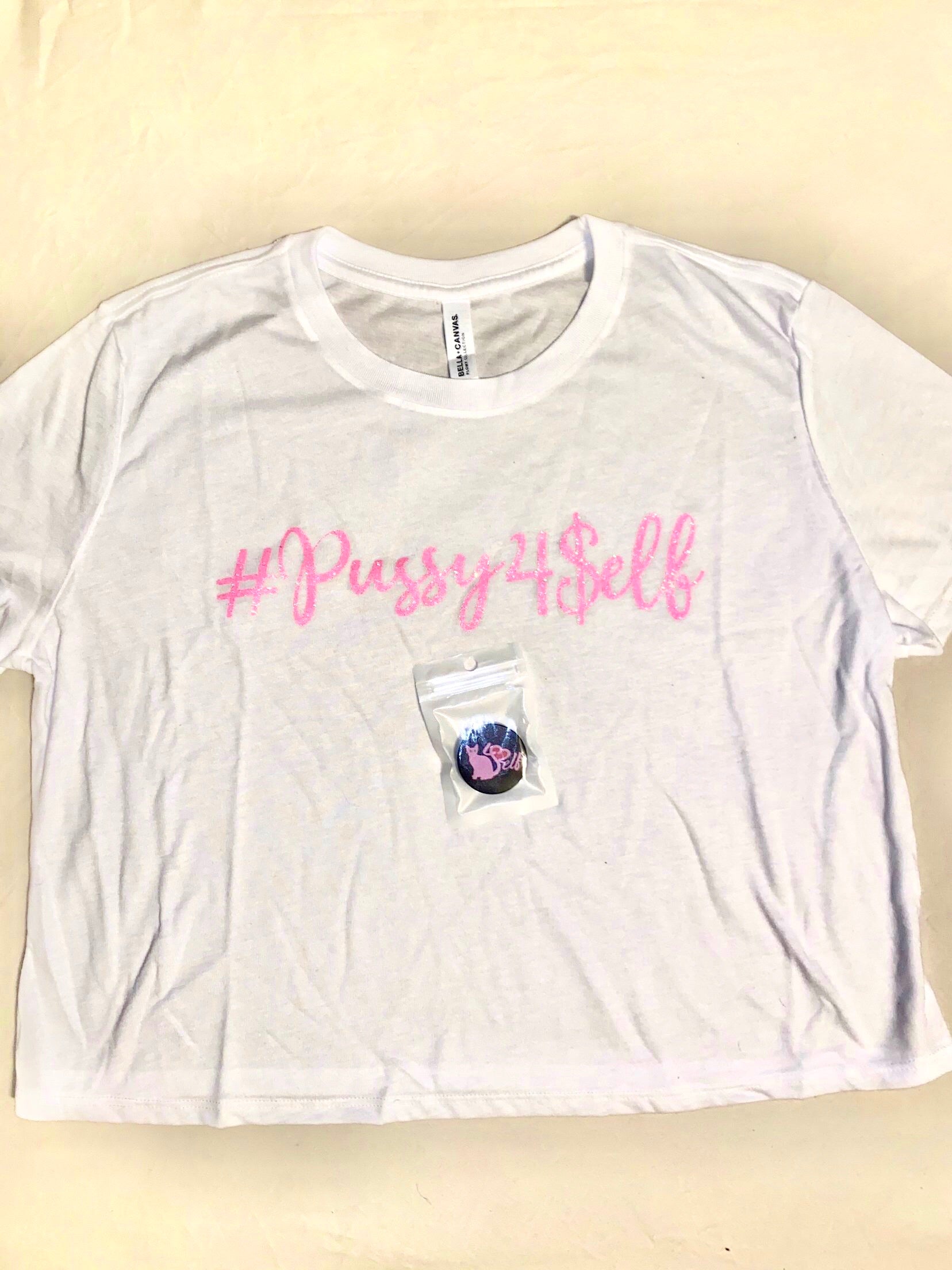  #pussy4self crop top tee white with glitter pink imprint