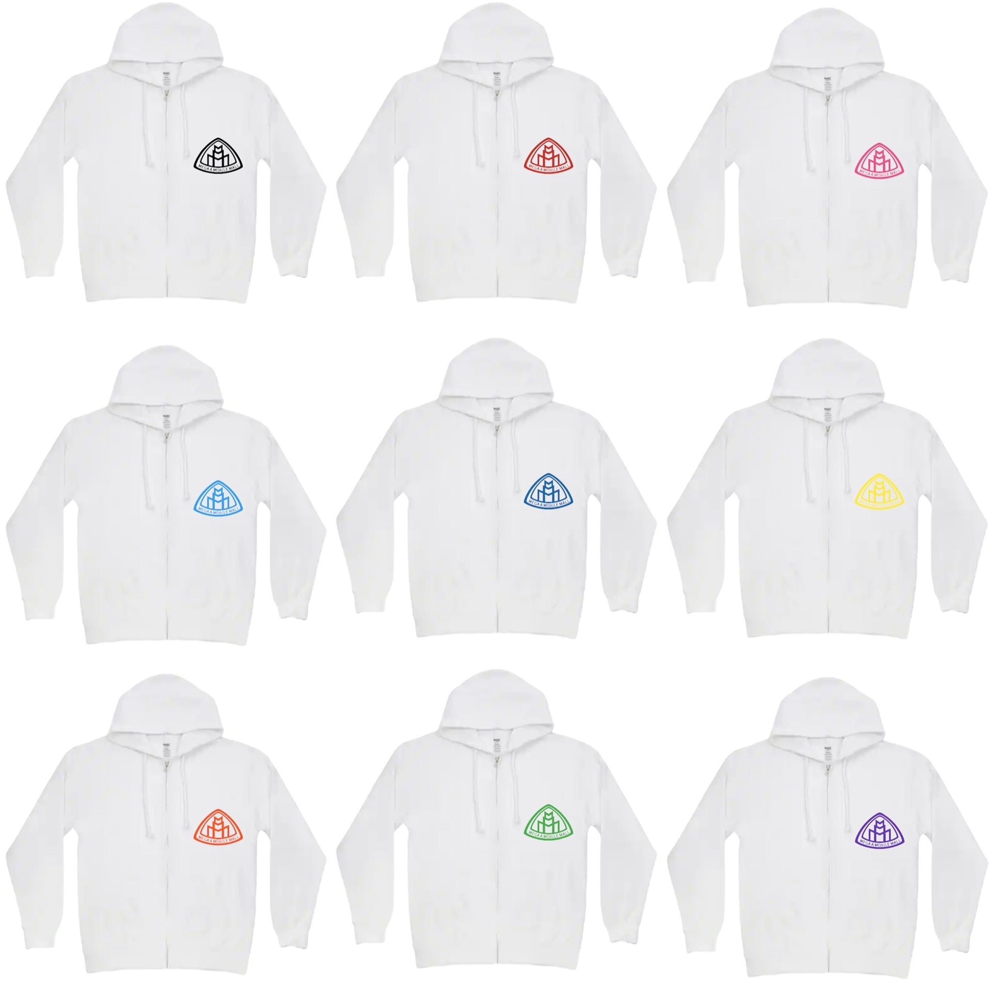 megaamobilemall white zip up hoodie in 9 different logo color options front side