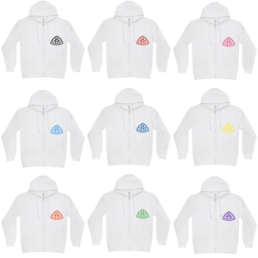megaamobilemall white zip up hoodie in 9 different logo color options front side