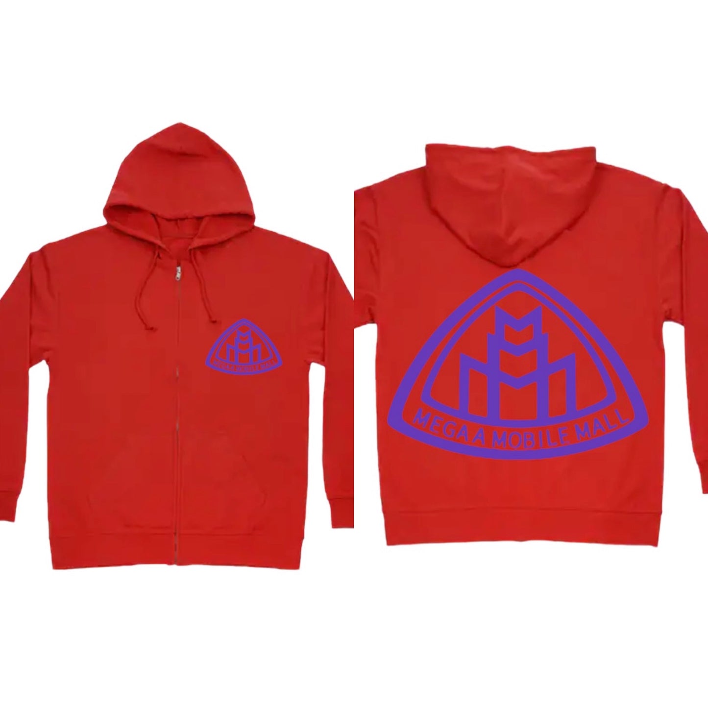 megaamobilemall red zip up hoodie with purple logo