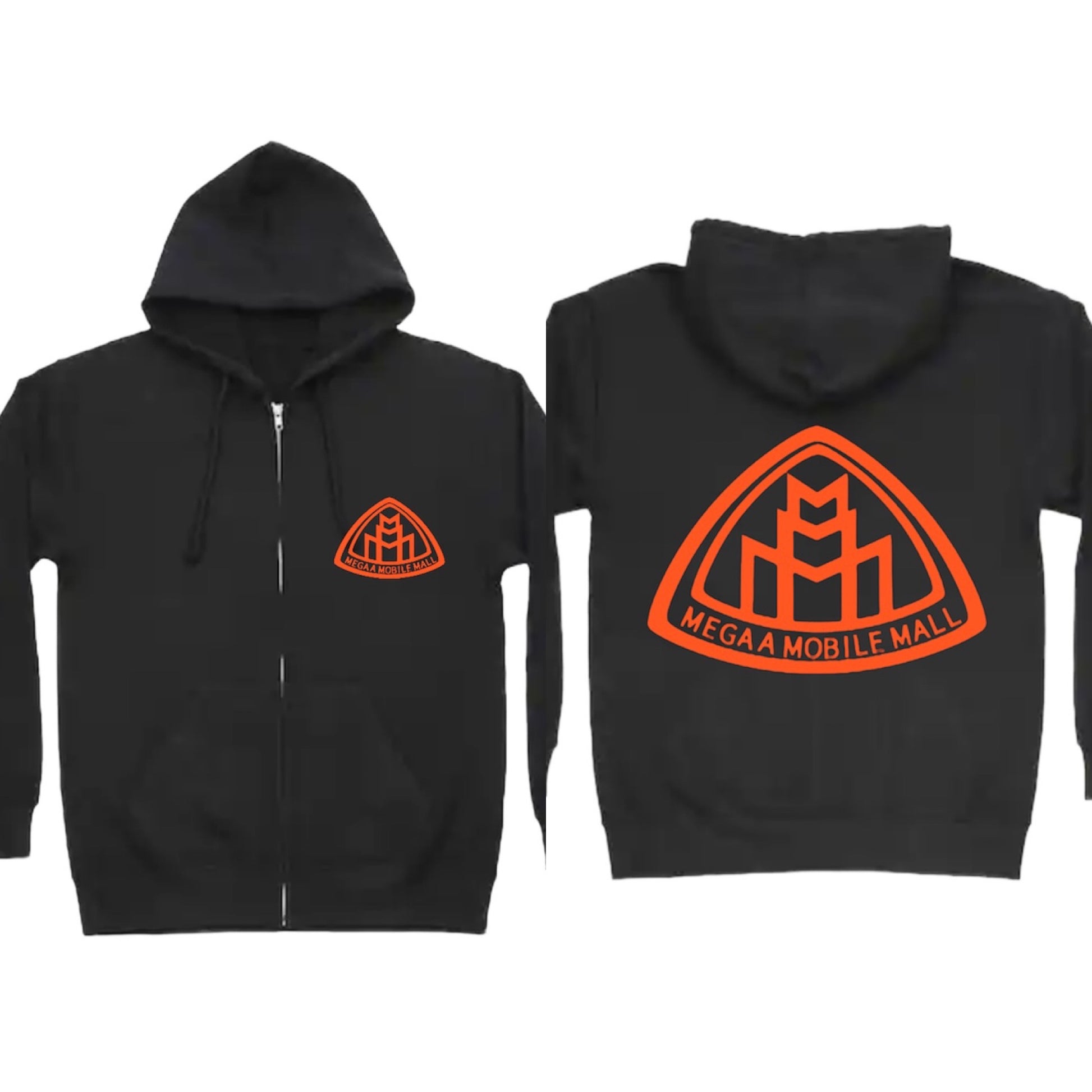 megaamobilemall black zip up hoodie with orange logo color