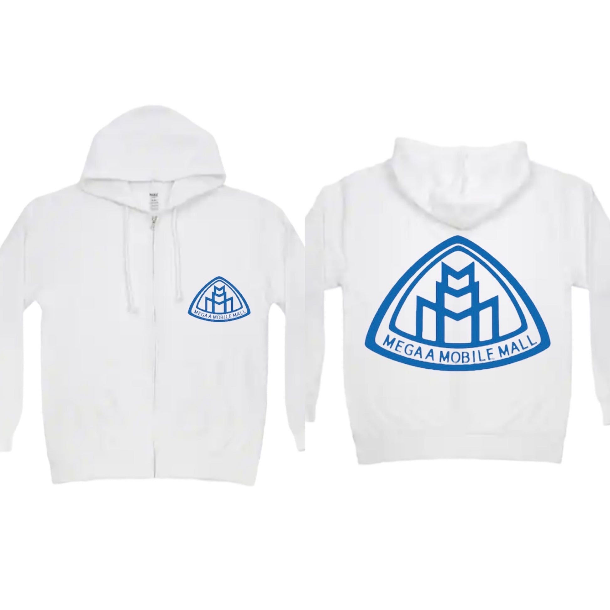 megaamobilemall white zip up hoodie with blue logo