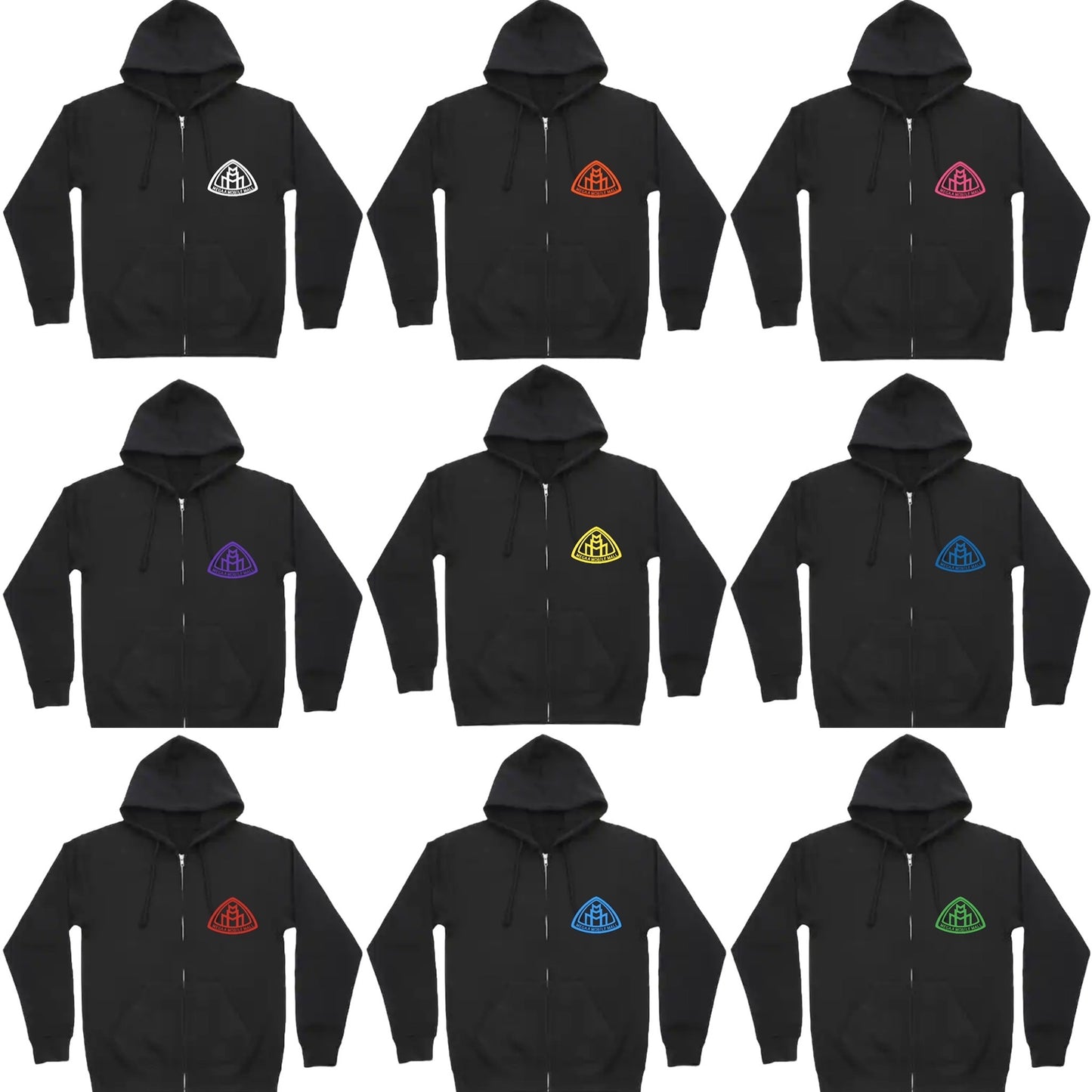megaamobilemall black zip up hoodie in 9 different logo color options front side