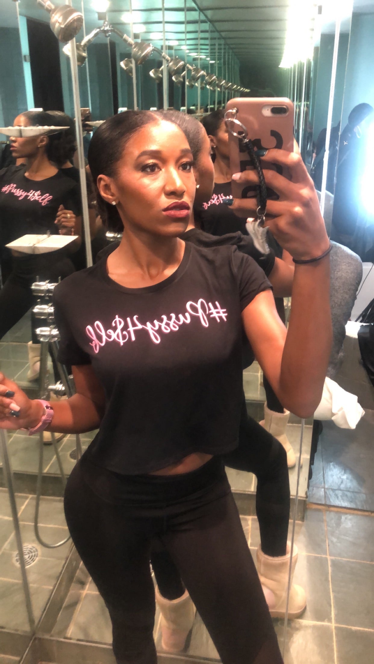 model wearing #pussy4self crop top tee black with pink imprint