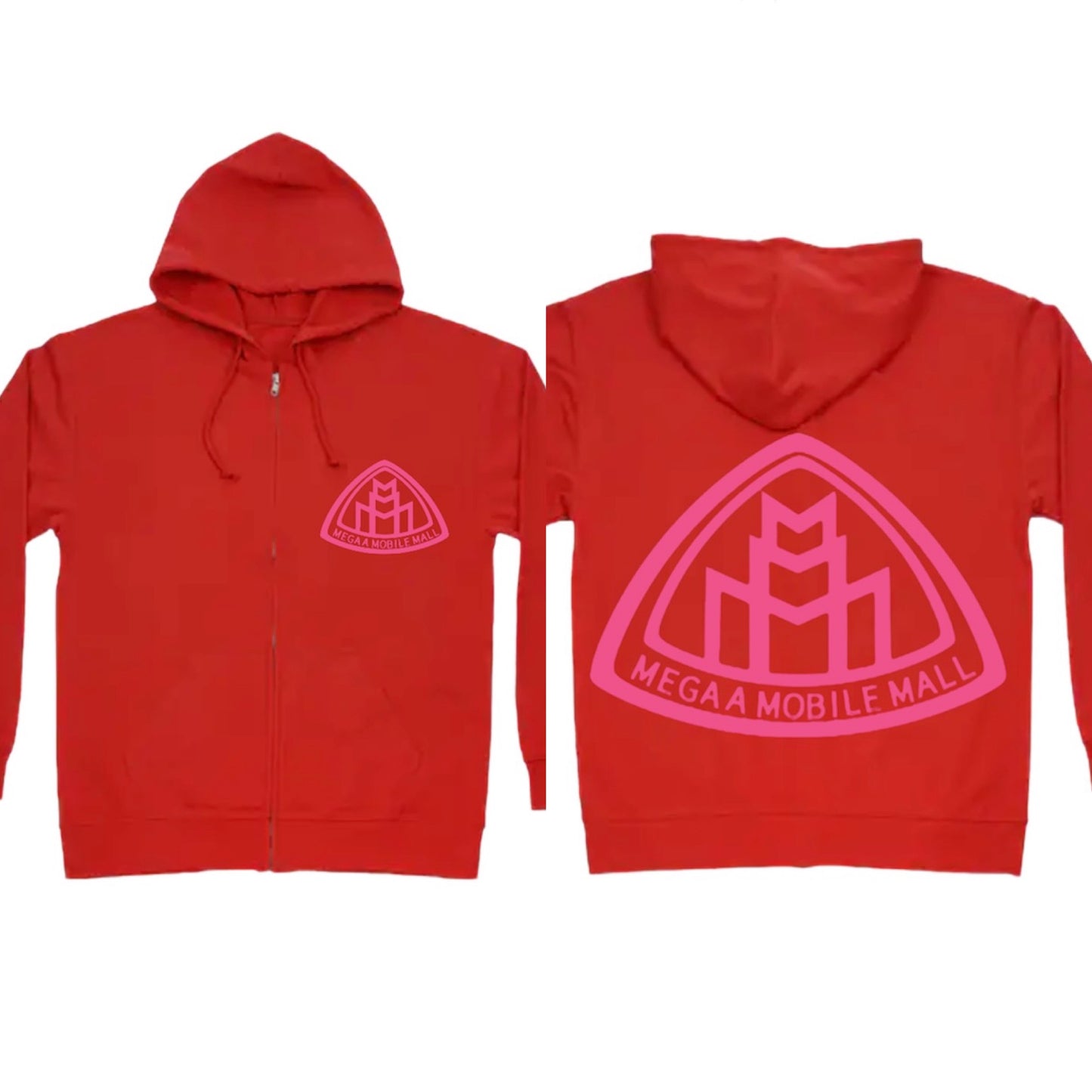 megaamobilemall red zip up hoodie with pink logo