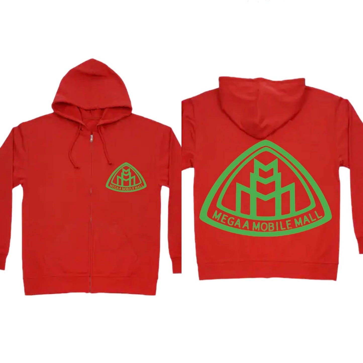 megaamobilemall red zip up hoodie with green logo