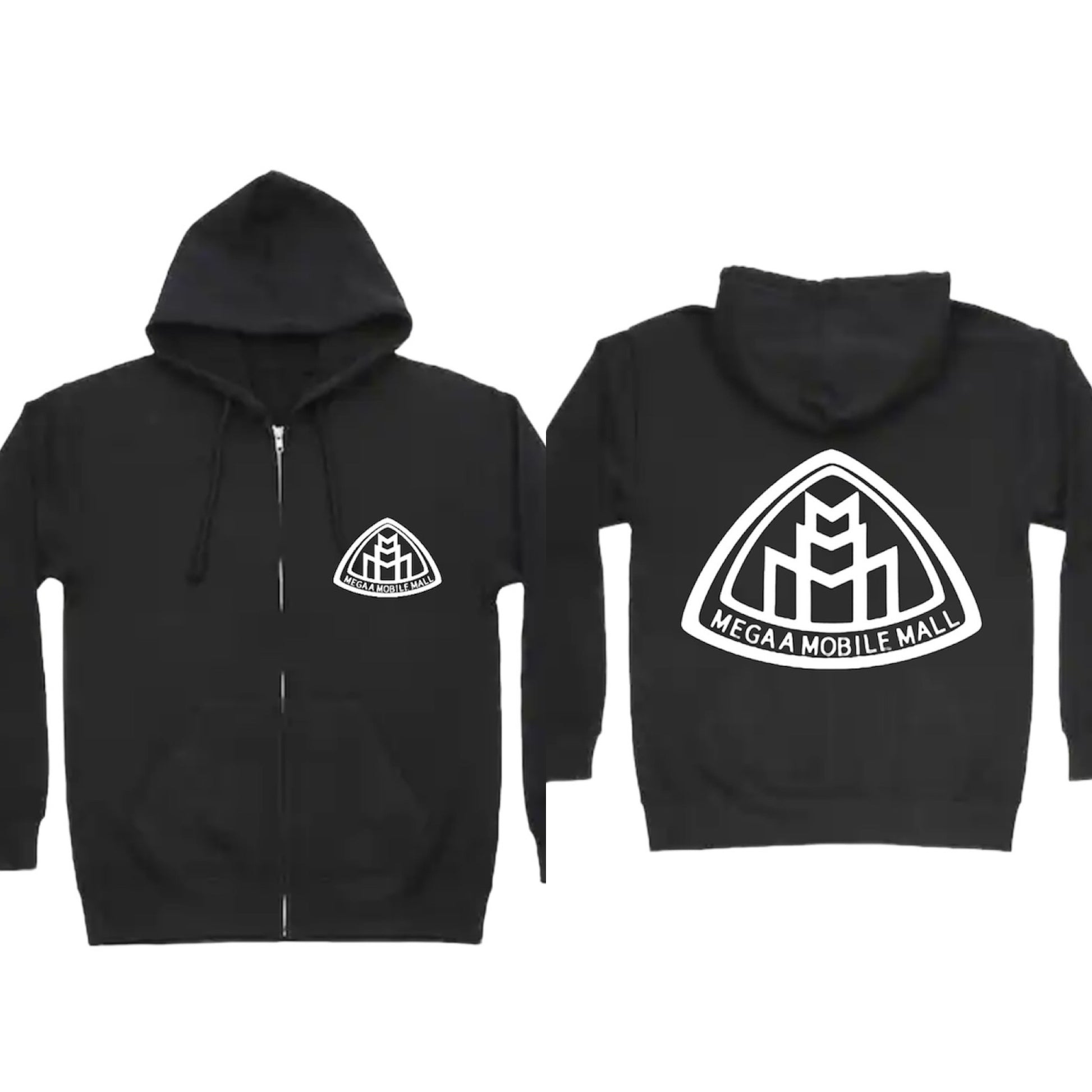 megaamobilemall black zip up hoodie with white logo color