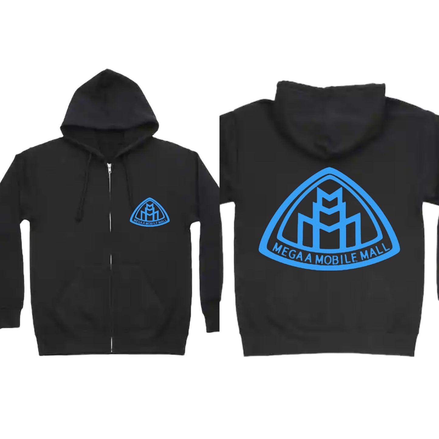 megaamobilemall black zip up hoodie with sky blue logo color