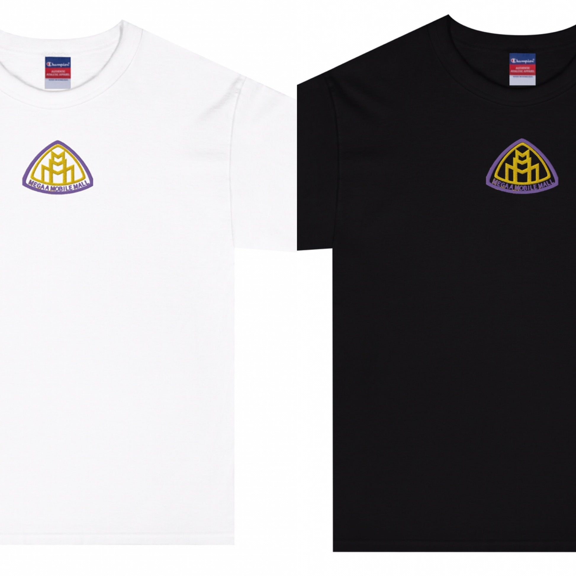 megaamobilemall logo embroidery in black on white & black shirt. yellow & gold stitching. champion brand shirt