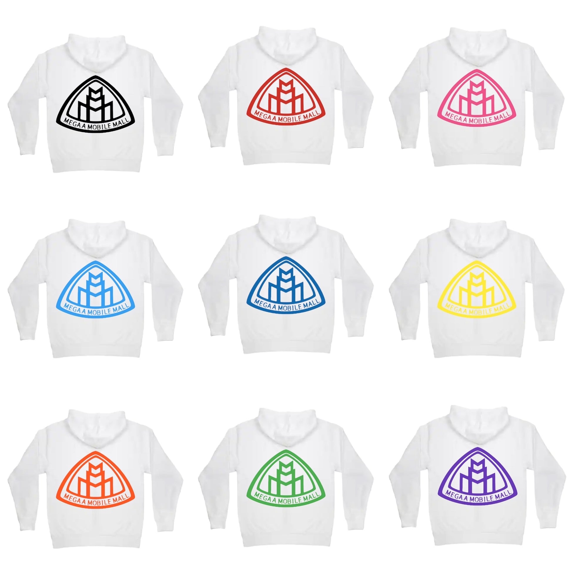megaamobilemall white zip up hoodie in 9 different logo color options back side