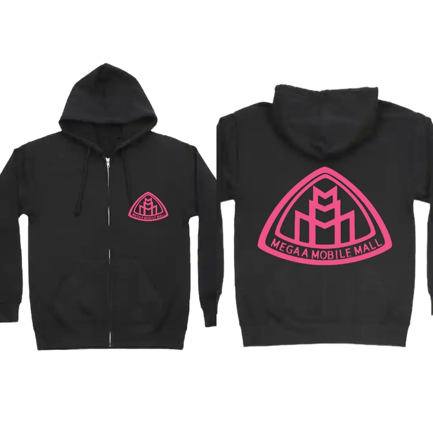 megaamobilemall black zip up hoodie with pink logo color