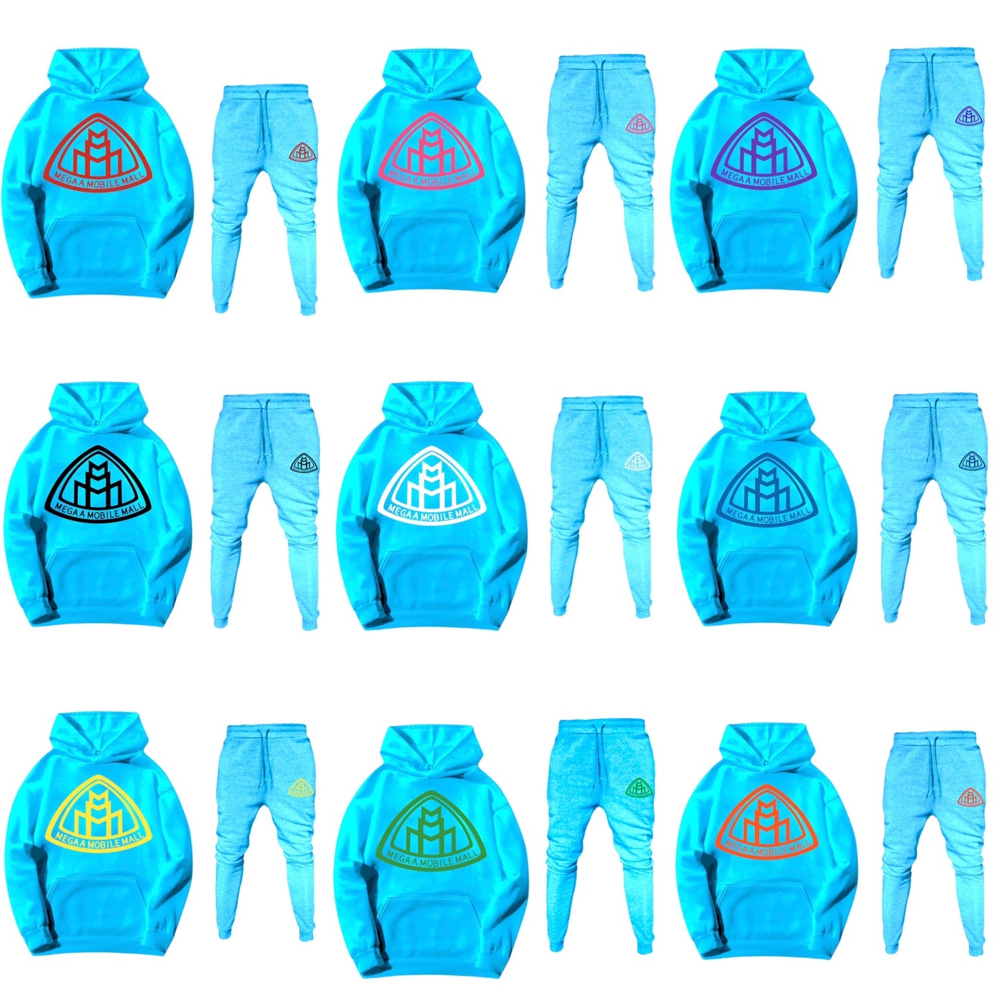 sky blue MEGAAMOBILEMALL LOGO Heavy Blend Fleece Hooded SweatSuits available in 9 different logo colors