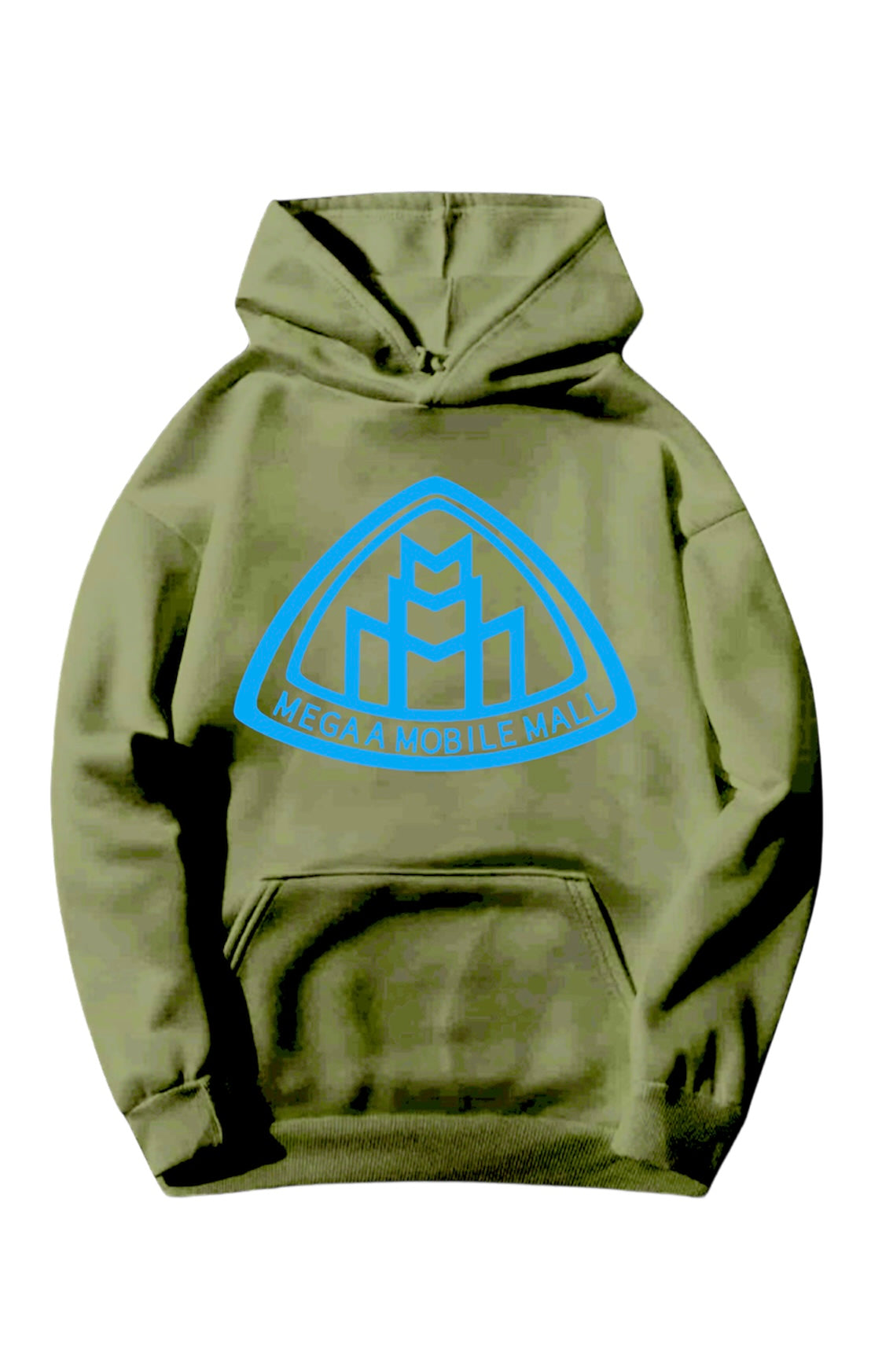 olive green megaamobilemall logo Heavy Blend Fleece Hoodie with sky blue logo