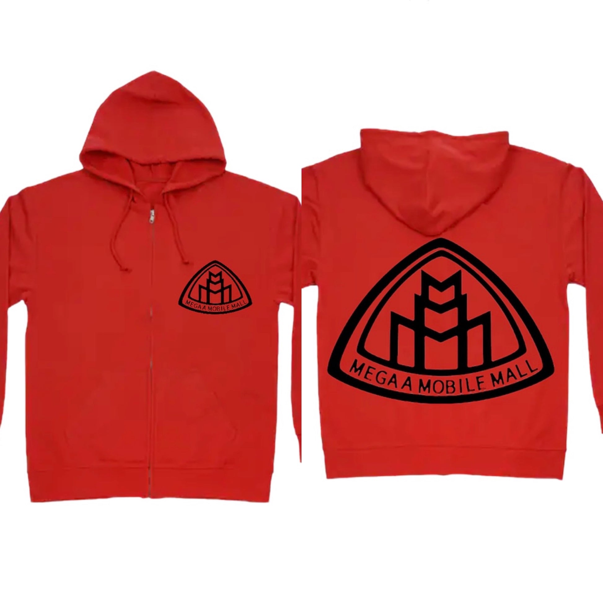 megaamobilemall red zip up hoodie with black logo