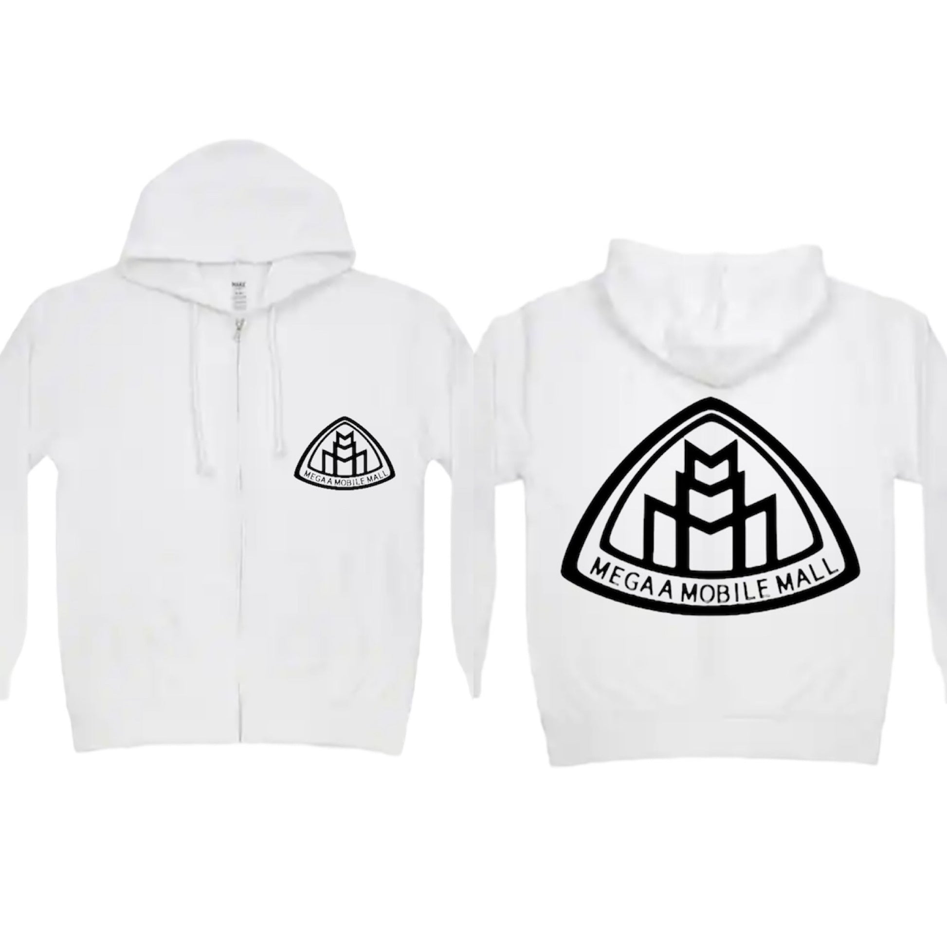 megaamobilemall white zip up hoodie with black logo