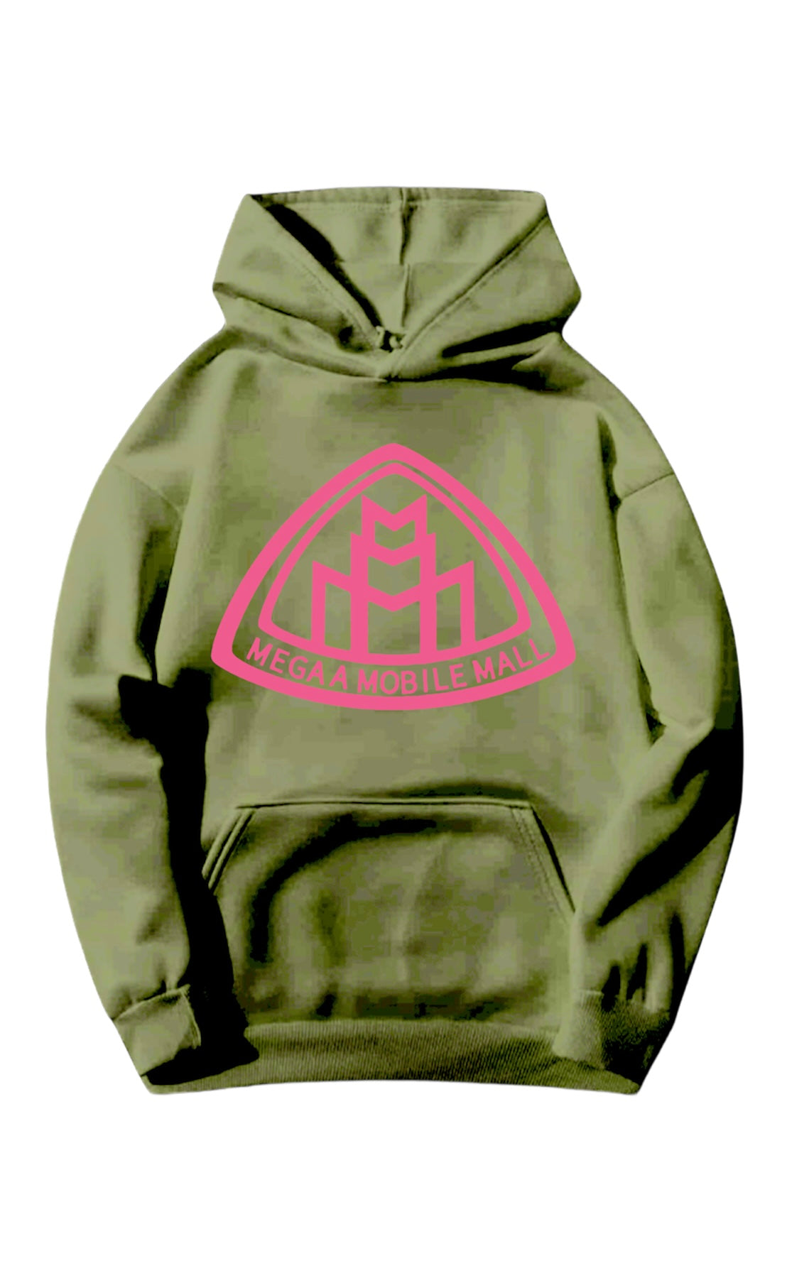 olive green megaamobilemall logo Heavy Blend Fleece Hoodie with pink logo