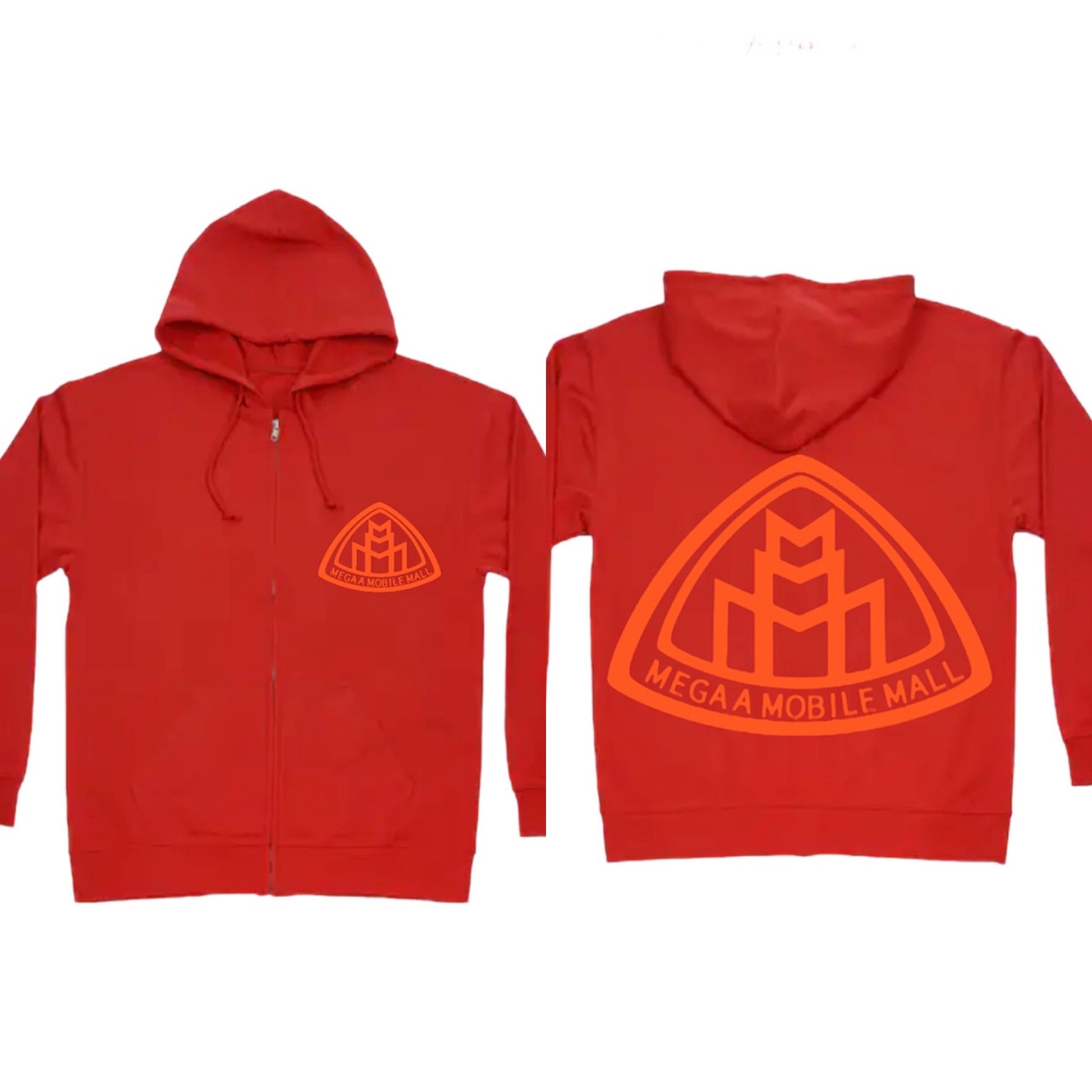 megaamobilemall red zip up hoodie with orange logo